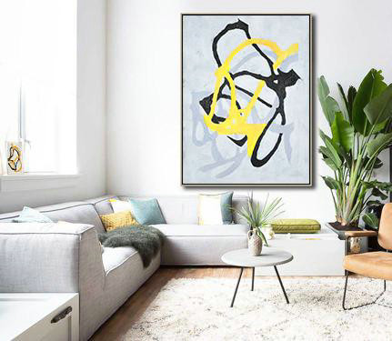 Large Abstract Painting On Canvas,Hand-Painted Black And White Minimal Painting On Canvas,Big Canvas Painting